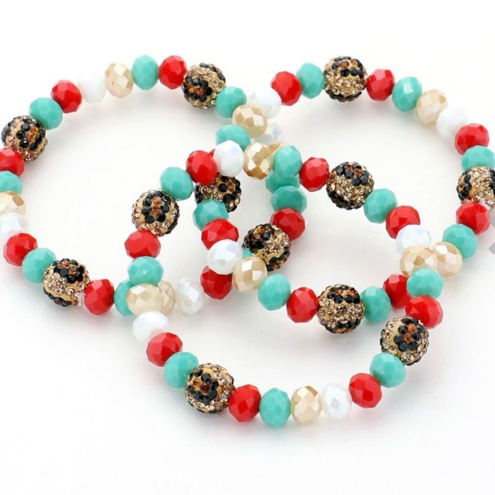 💥3 PCS- Leopard Pattern Shamballa Ball Faceted Bead Stretch Bead Bracelets